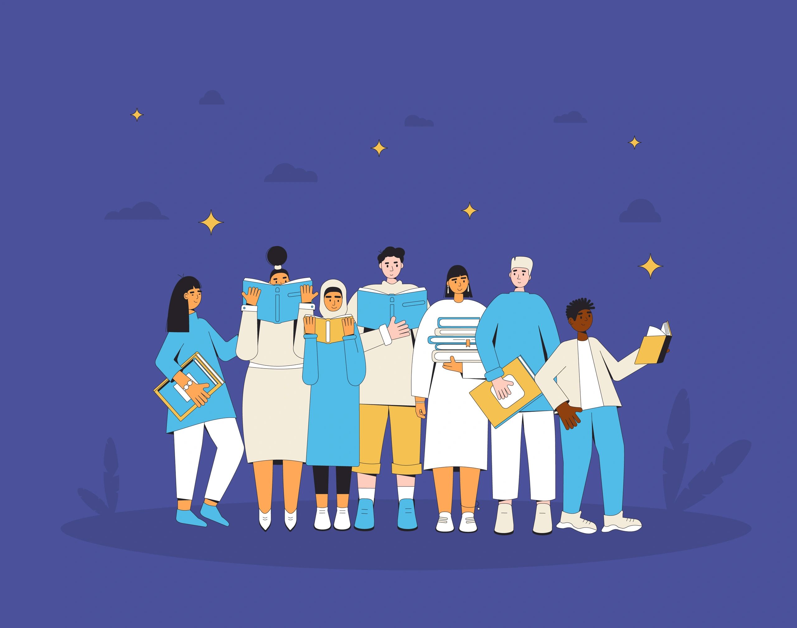 AI avatars standing together holding books, education, technology, diverse, modern, blue background