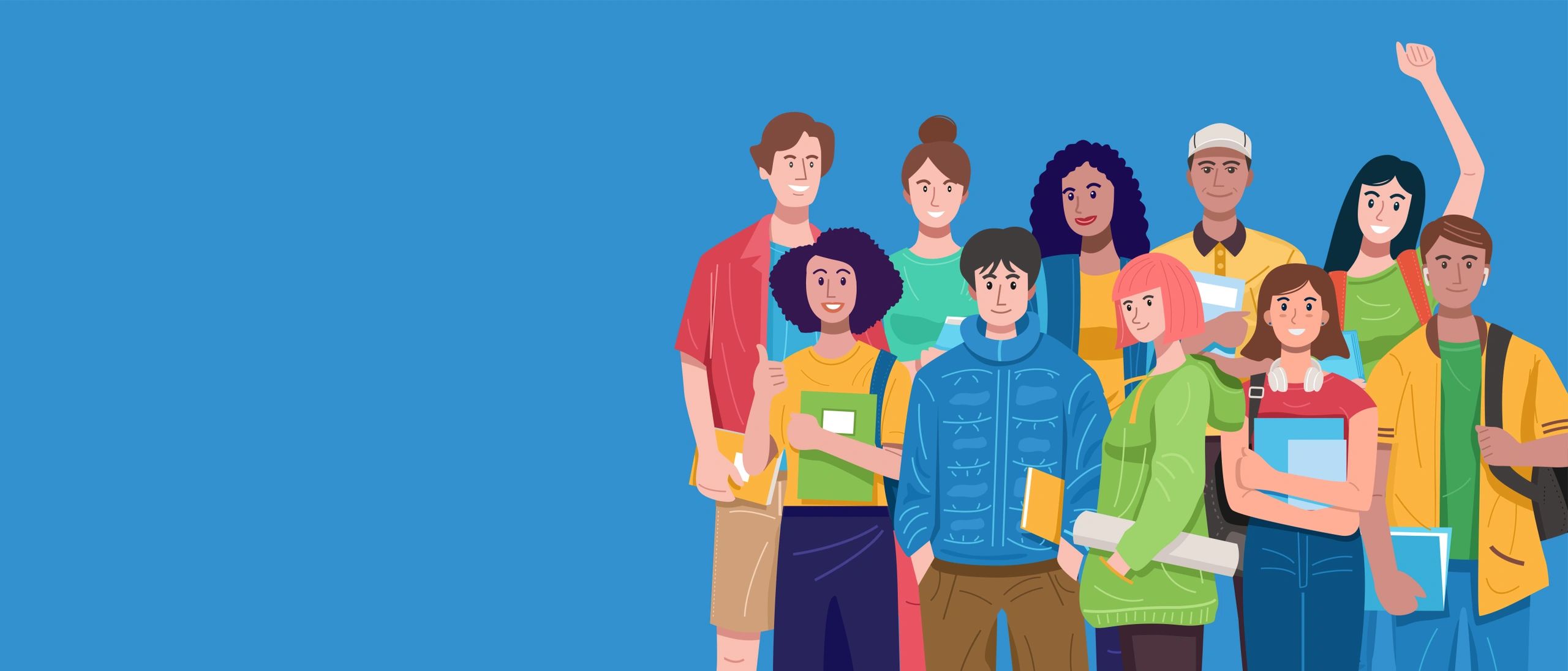 AI avatars standing together holding books, education, technology, diverse, modern, blue background